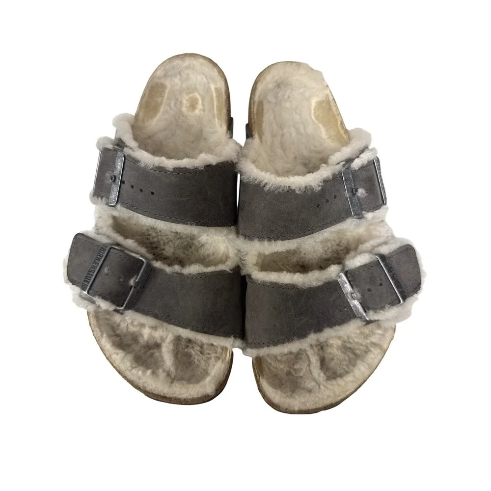 Birkenstock Arizona Shearling Sandals Womens 38 Gray Suede Double Strap Comfort